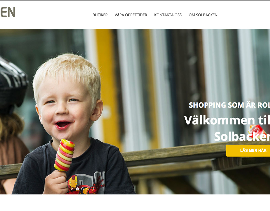 Solbackens Handelsområdes nya WordPress-hemsida skapad av webbyrån Nån Annan i Skellefteå, visad i responsiva vyer.