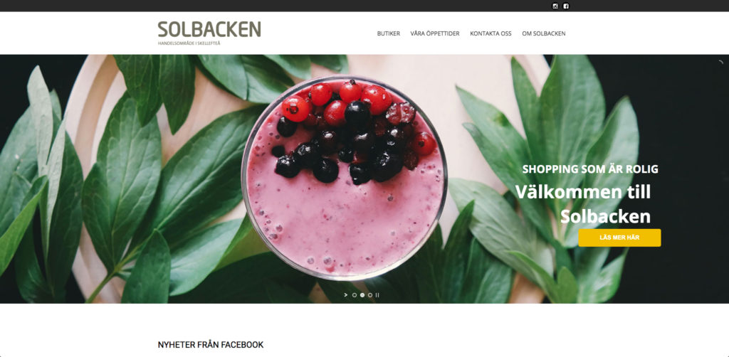 Solbackens Handelsområdes nya WordPress-hemsida skapad av webbyrån Nån Annan i Skellefteå, visad i responsiva vyer.