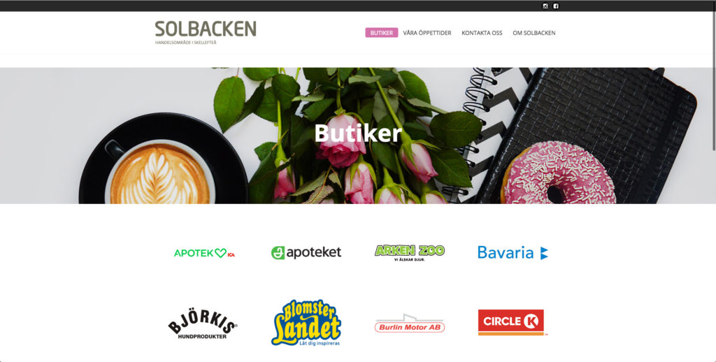 Solbackens Handelsområdes nya WordPress-hemsida skapad av webbyrån Nån Annan i Skellefteå, visad i responsiva vyer.